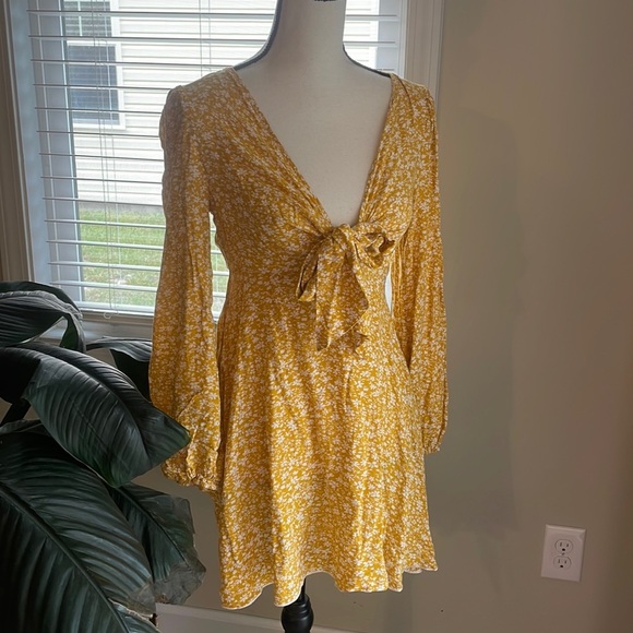 SHEIN Dresses & Skirts - Shein yellow long sleeve tie front mini dress